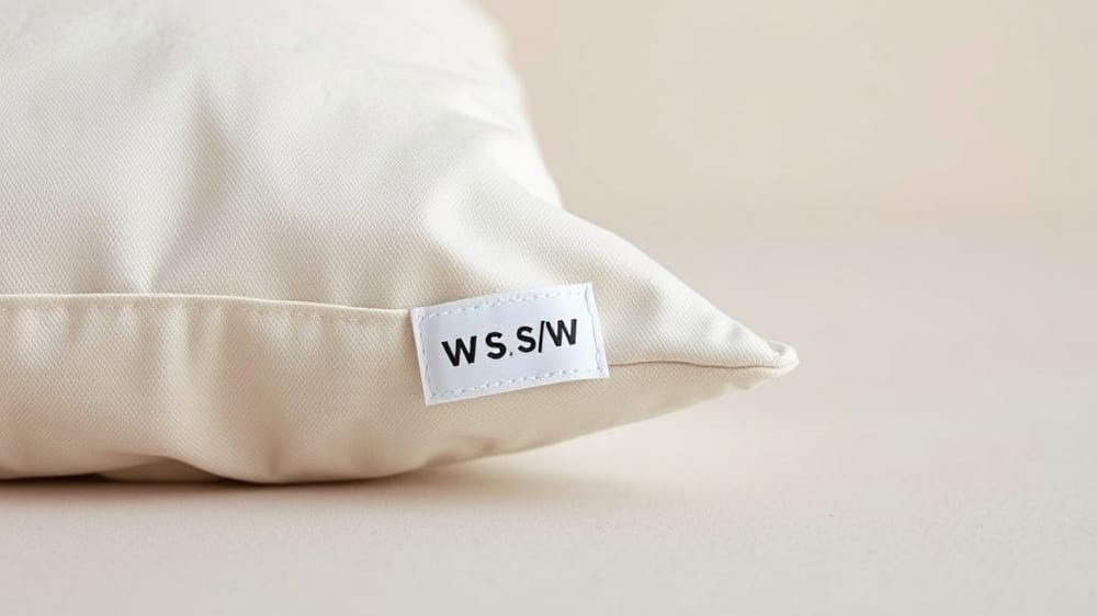 Close-up of an upholstery care tag showing W, S, S/W, and X cleaning codes on a fabric couch