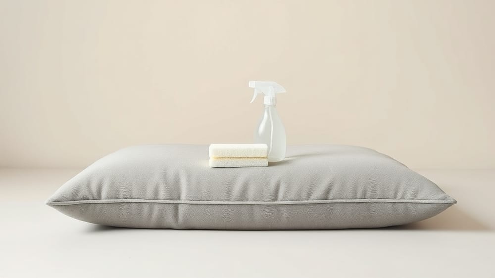 A person using a spray bottle of rubbing alcohol and a white sponge to clean a gray microfiber couch cushion
