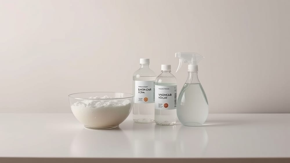 Small white bowls holding baking soda, white vinegar, and dish soap next to a spray bottle on a kitchen counter, ingredients for a DIY couch stain remover