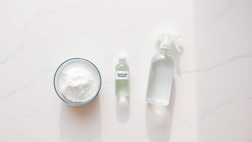 Small white bowls holding baking soda, white vinegar, and dish soap next to a spray bottle on a kitchen counter, ingredients for a DIY couch stain remover