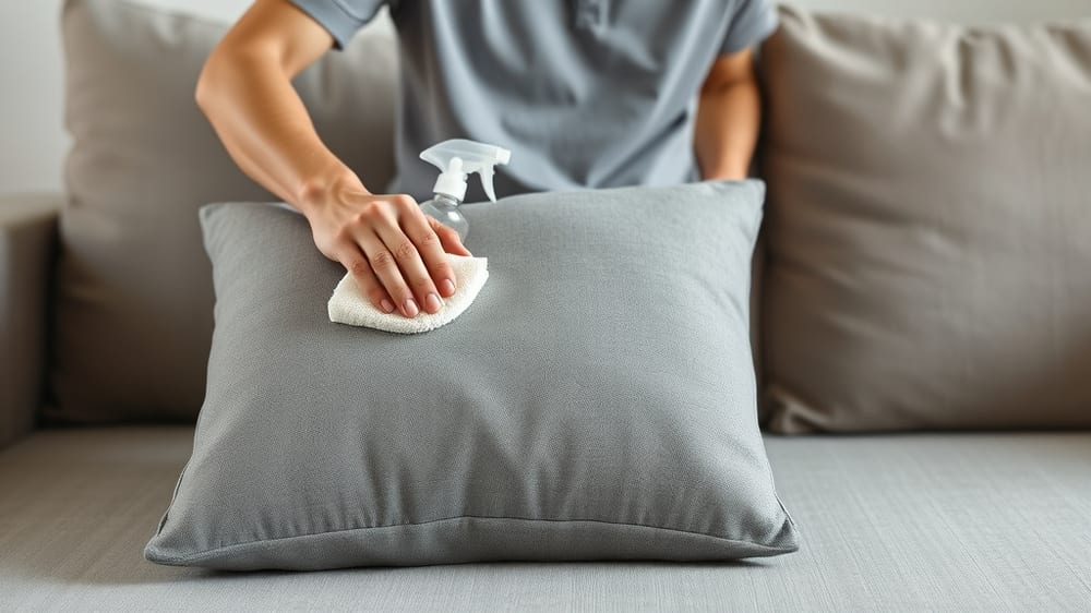 A person using a spray bottle of rubbing alcohol and a white sponge to clean a gray microfiber couch cushion