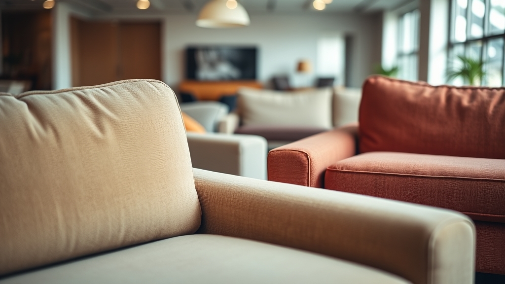 Close-up of different types of stains on light fabric: coffee ring, oil spot, and food residue on cream upholstery